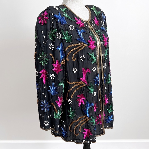 Jakelin Designs Vintage Beaded Sequin Silk Jacket 2X - Picture 4 of 16